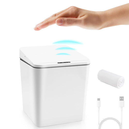 Automatic Small Countertop Trash Can, Rechargeable Mini Desktop Waste Bin with Lid for Office Desk/Bedside Table/Coffee Bar, White-1.5 Gal