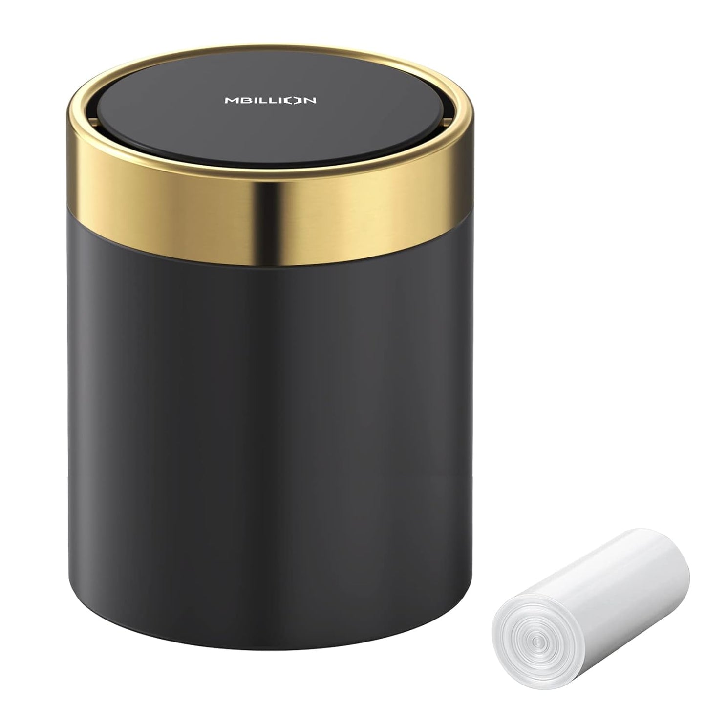 Mbillion Small Trash Can with Swing Lid 2.4 Gallons/9 Liter, Mini Trash Can with lid, Stainless Steel Cylindrical Garbage Can for Home and Office Bathroom Bedroom, for Ground and Desktop(Black)