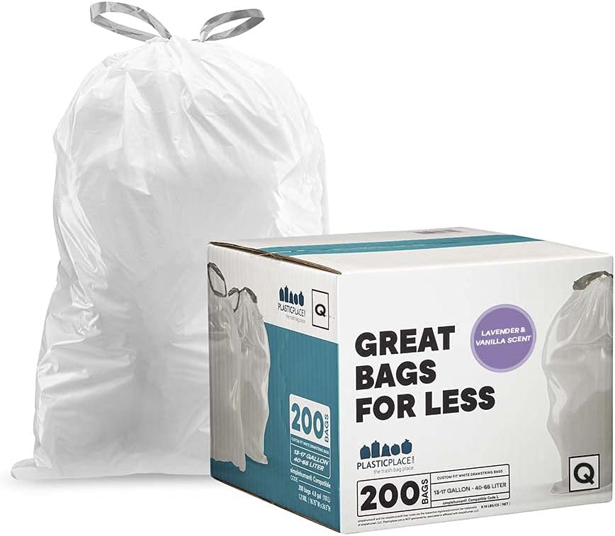 Plasticplace Custom Fit Trash Bags Compatible with simplehuman Code Q (200 Count) Drawstring Garbage Bags 13-17 Gallon White, Tear-Resistant Tall Kitchen Trash Bags for Garbage Cans Recycling 1.2 Mil