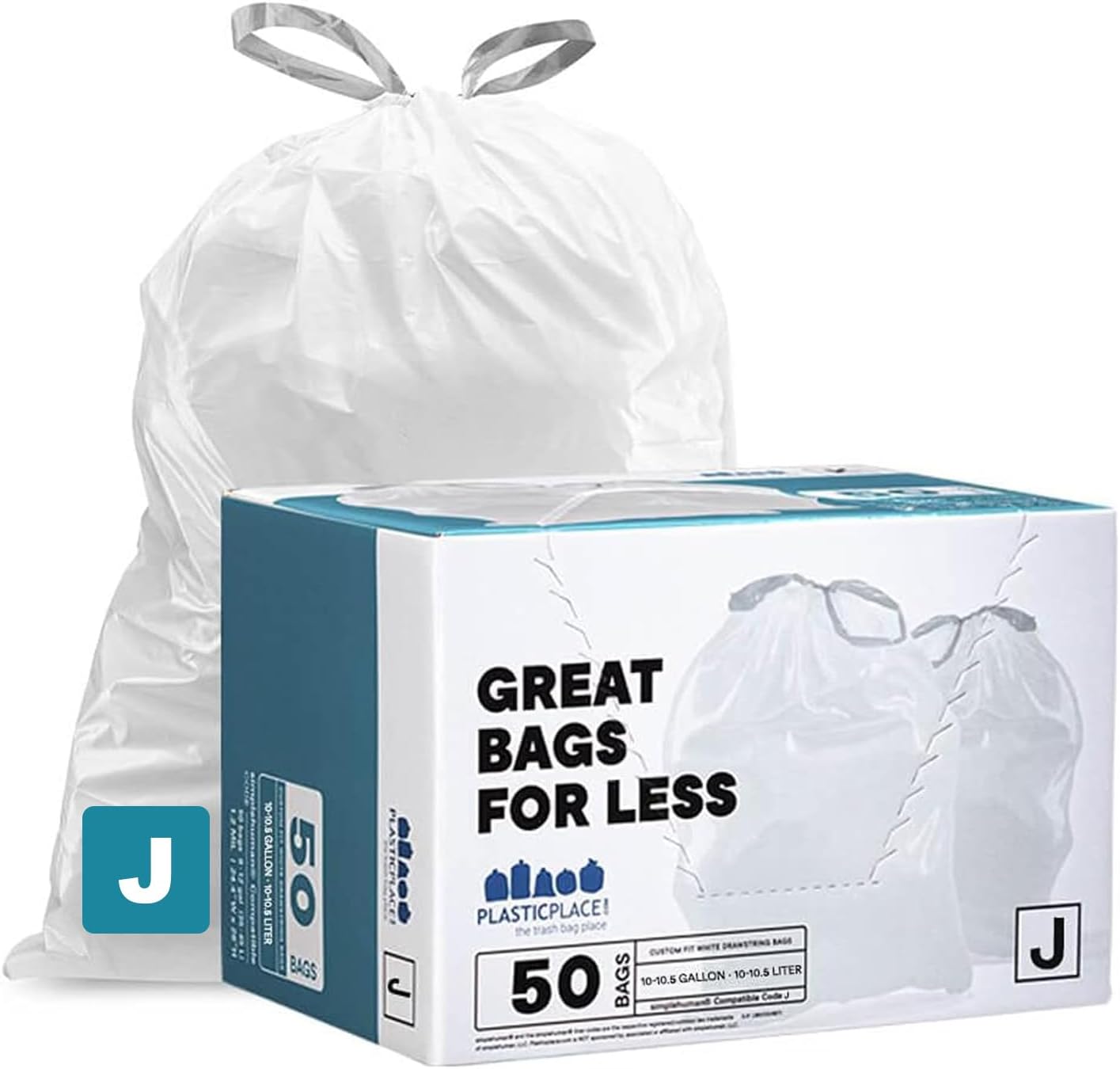 Plasticplace Custom Fit Trash Bags Compatible with Simplehuman Code J - 10-10.5 Gallon Drawstring Garbage Bags, Tear-Resistant, 200 Count White Trash Can Liners for Kitchens, Bathrooms & Offices