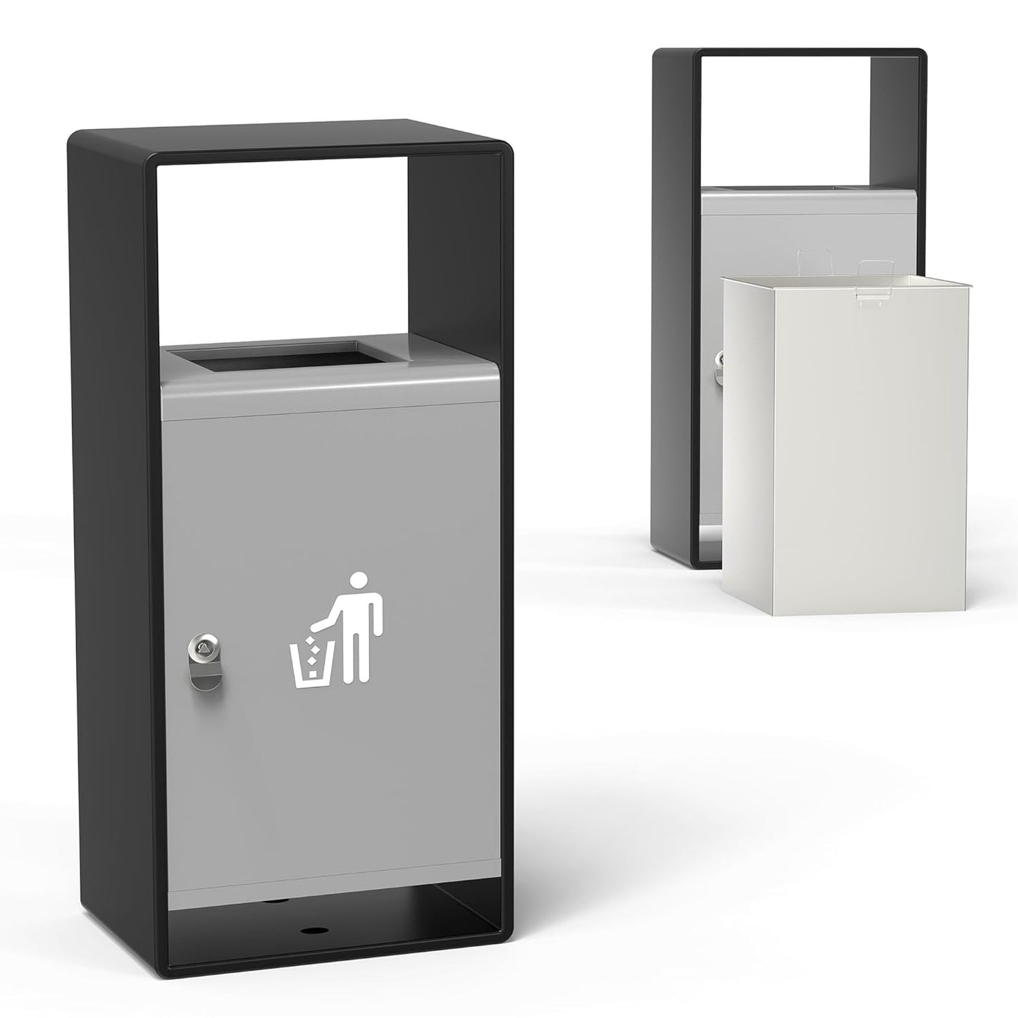 Outdoor Trash Can, 11-Gal Lockable Commercial Metal Waste Bin w/Tri-Key, Powder-Coated Steel & Removable Stainless Liner,Four-Side Openings—for Hotel Entrances,Parks,Malls (Black-Outdoor)