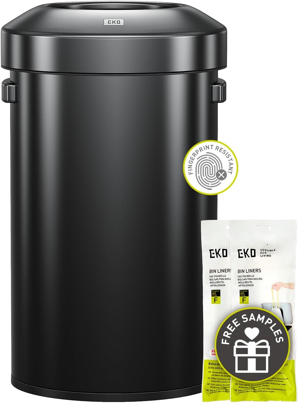EKO Eternal 56L/15 Gallon Large Capacity Tall Commercial Trash Can, Round Open Top Waste Bin for Indoor and Outdoor, Black Steel Heavy-Duty, Durable Metal Garbage Bin for Home, Office, Restaurant