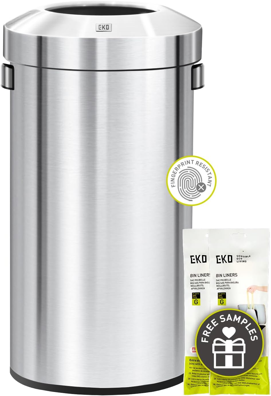 EKO Eternal 56L/15 Gallon Large Capacity Tall Commercial Trash Can, Round Open Top Waste Bin for Indoor and Outdoor, Black Steel Heavy-Duty, Durable Metal Garbage Bin for Home, Office, Restaurant