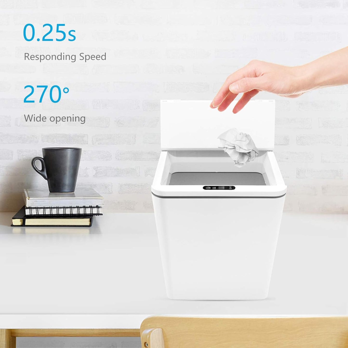 Automatic Small Countertop Trash Can, Rechargeable Mini Desktop Waste Bin with Lid for Office Desk/Bedside Table/Coffee Bar, White-1.5 Gal