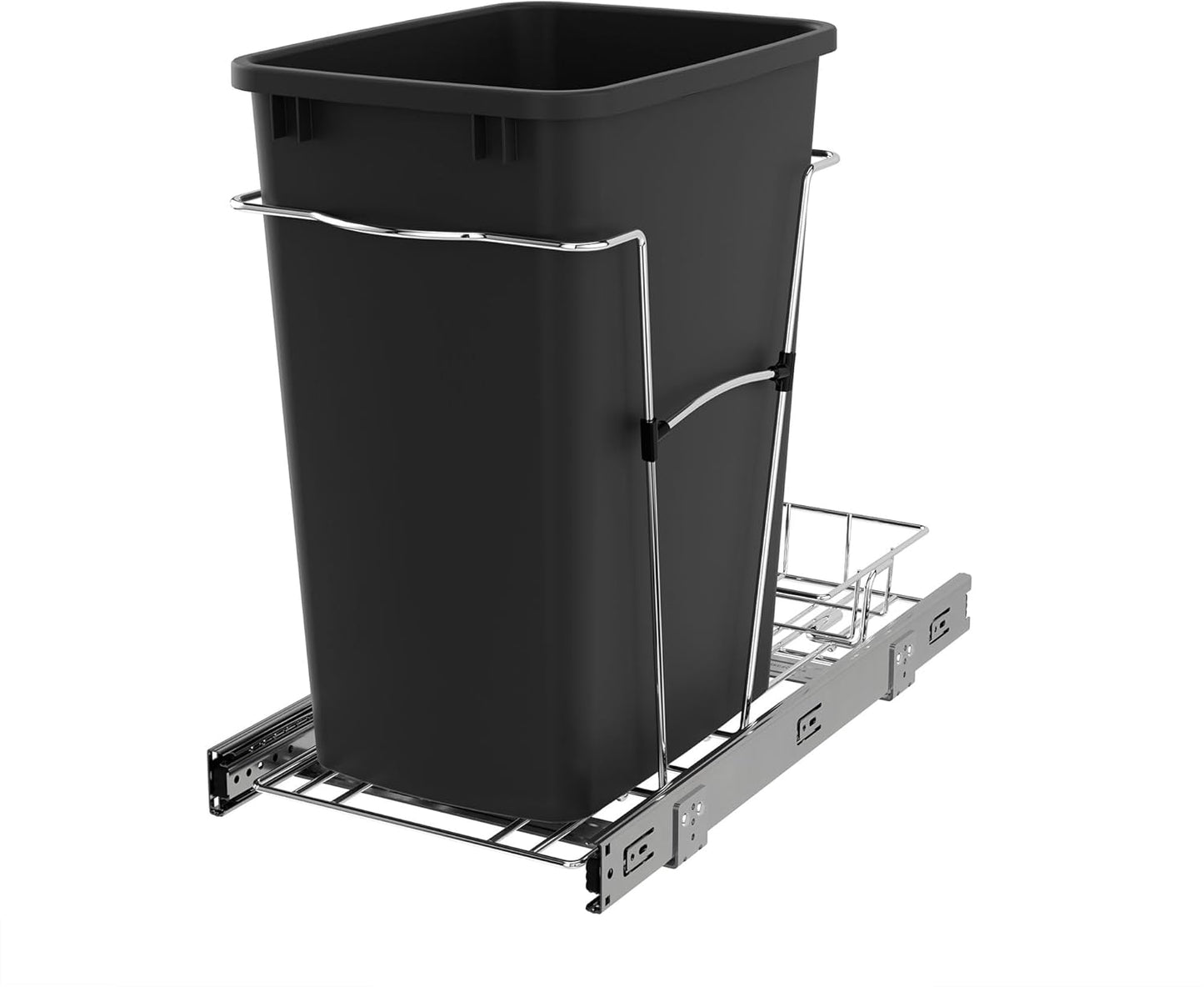Rev-A-Shelf Pullout Trash Can for Kitchen Cabinets 35 Qt Garbage Waste Recycling Bin w/ Full Extension Slide, Metallic Silver, RV-12KD-17C S