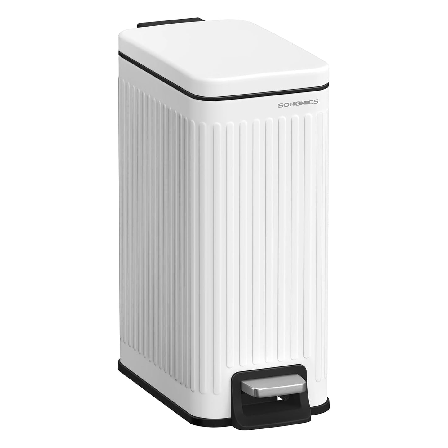 SONGMICS Bathroom Trash Can, 2.6-Gallon (10 L) Trash Bin with Lid, Slim for Small Spaces, Stainless Steel Garbage Can, Soft Close, White ULTB562W01
