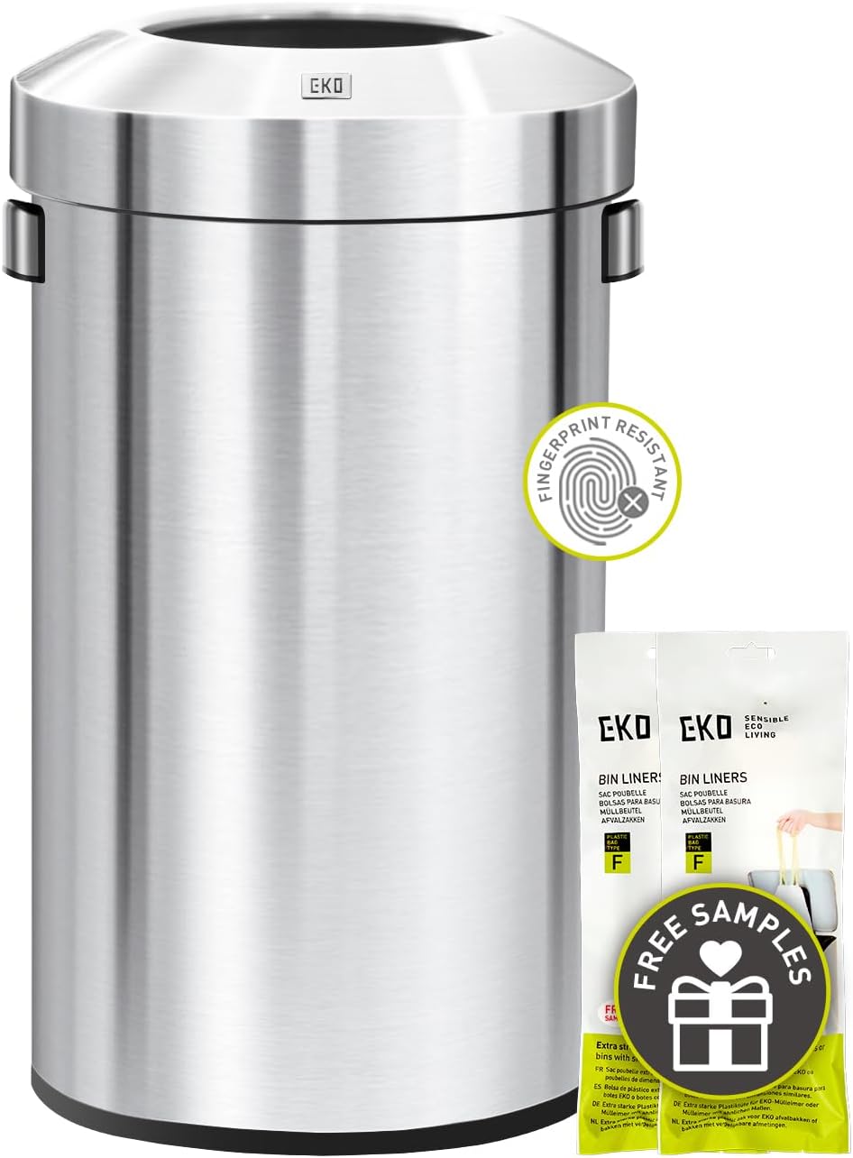 EKO Eternal 56L/15 Gallon Large Capacity Tall Commercial Trash Can, Round Open Top Waste Bin for Indoor and Outdoor, Black Steel Heavy-Duty, Durable Metal Garbage Bin for Home, Office, Restaurant