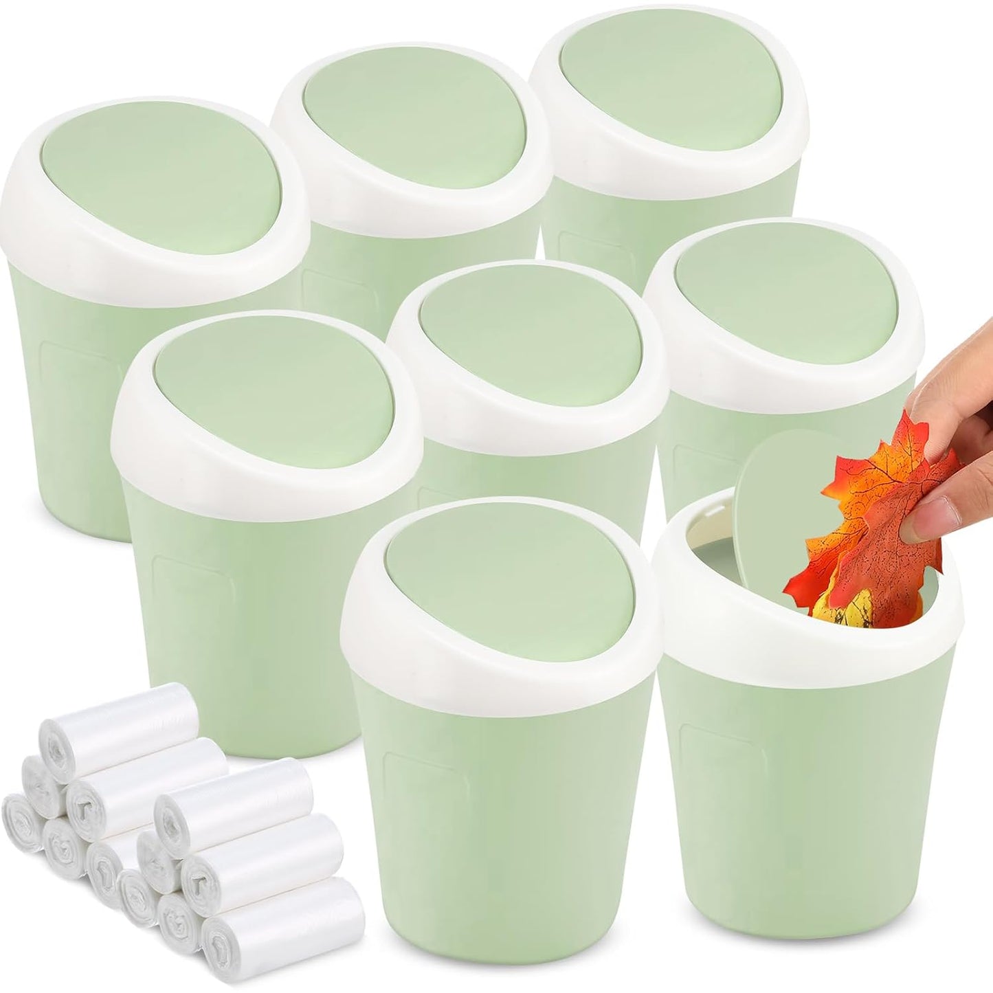 Zhehao 8 Pcs Plastic Mini Wastebasket Trash Can with Swing Lid 360 Trash Bags Desktop Small Garbage Bin Countertop Vanity Tabletop Waste Paper Basket for Home Office (Blue,Green,Pink)