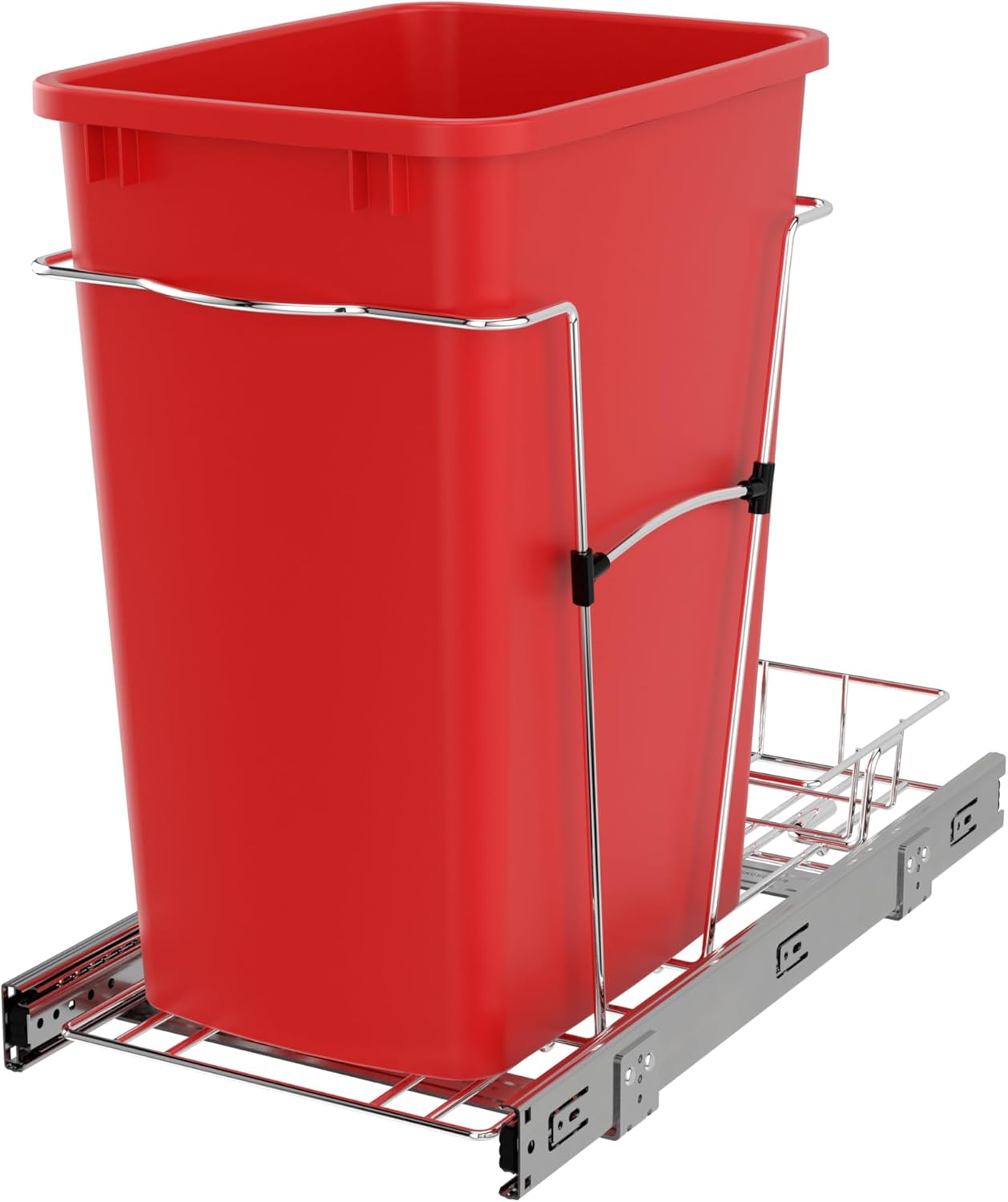 Rev-A-Shelf Pullout Trash Can for Kitchen Cabinets 35 Qt Garbage Waste Recycling Bin w/ Full Extension Slide, Metallic Silver, RV-12KD-17C S