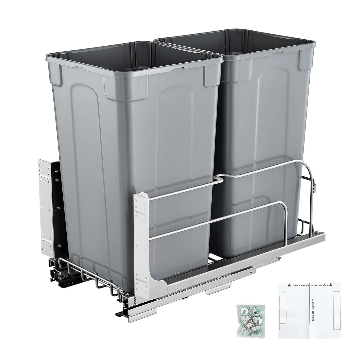 VEVOR Pullout Trash Can for Kitchen Cabinets, 27QTx2 Double Under Sink Garbage Waste Recycling Bin, Under Mount Waste Container, with Heavy Duty Metal Full Extension Sliding System and Handle Grey