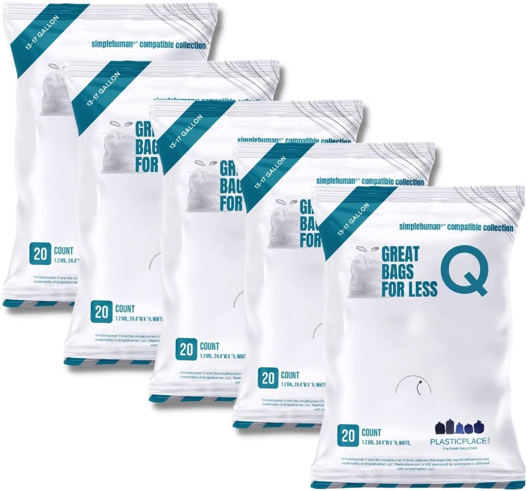 Plasticplace Custom Fit Trash Bags Compatible with simplehuman Code Q (200 Count) Drawstring Garbage Bags 13-17 Gallon White, Tear-Resistant Tall Kitchen Trash Bags for Garbage Cans Recycling 1.2 Mil