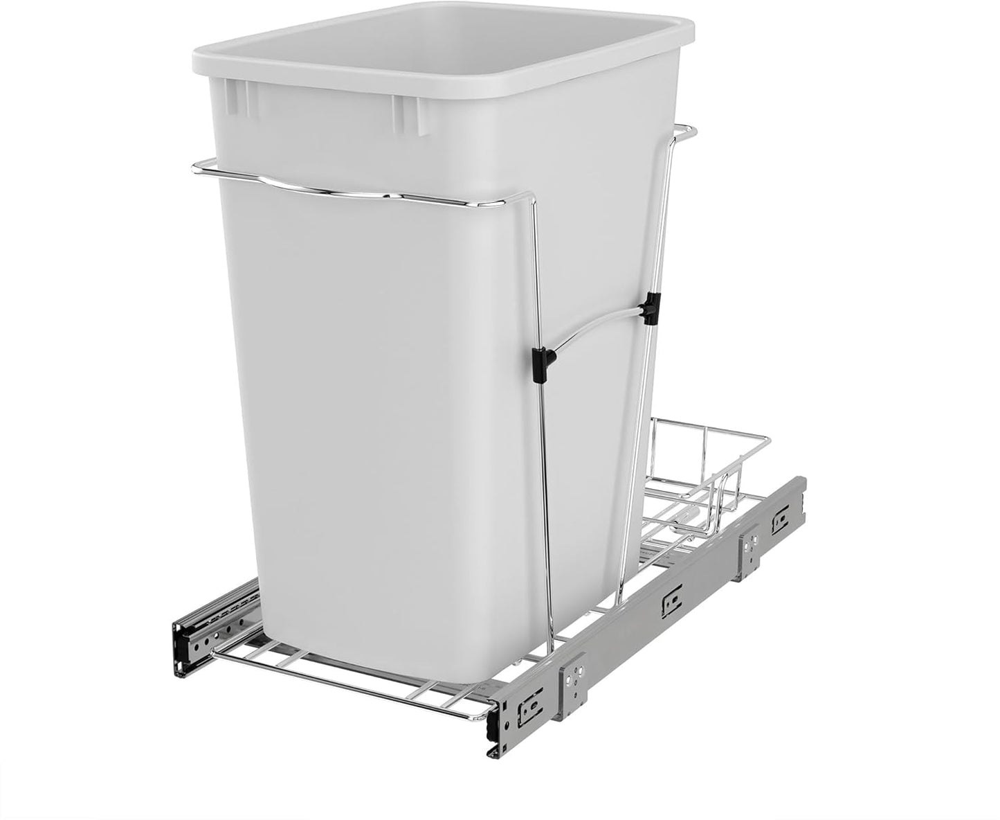 Rev-A-Shelf Pullout Trash Can for Kitchen Cabinets 35 Qt Garbage Waste Recycling Bin w/ Full Extension Slide, Metallic Silver, RV-12KD-17C S