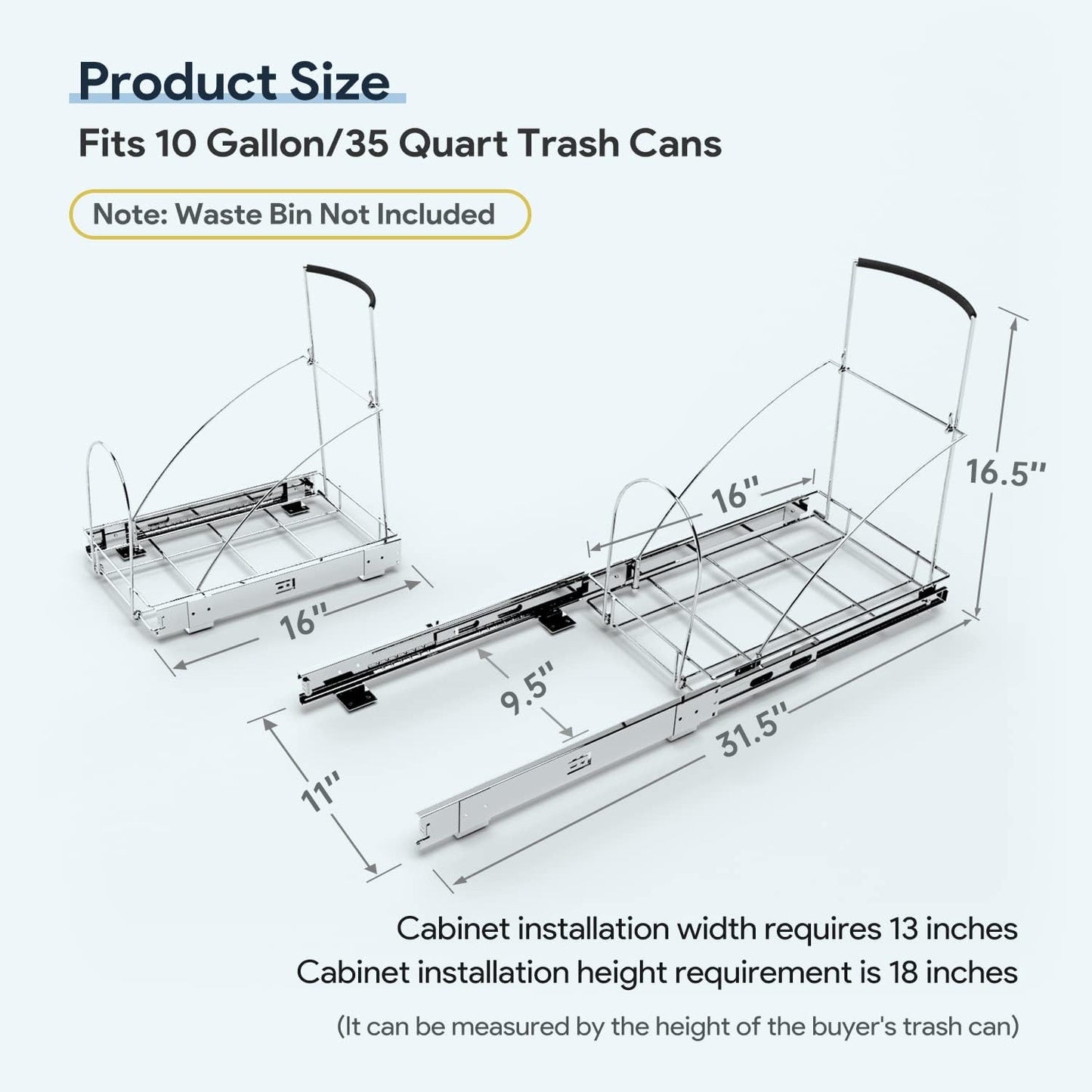 Tanamu Pull Out Trash Can Under Cabinet,Under Sink Slide Out Garbage for Kitchen,Requires 13" W X 18" D Minimum Cabinets,Chrome Adjustable for 7-10 Gallon Trash Can