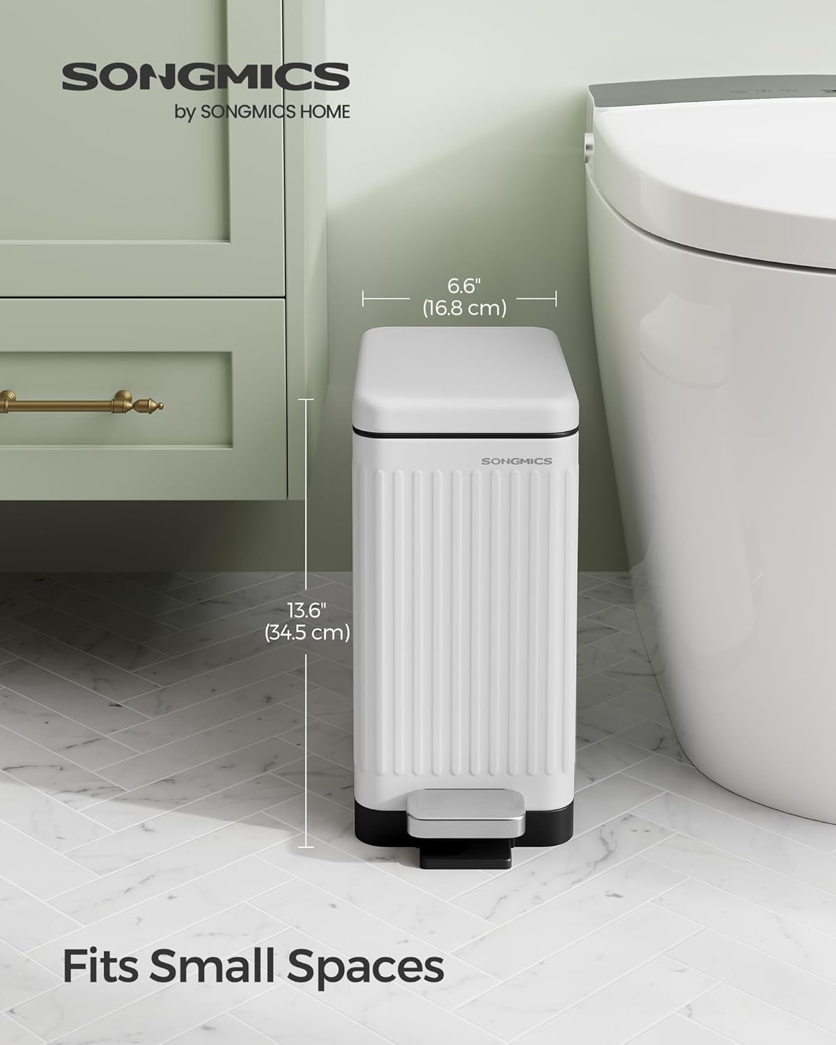 SONGMICS Bathroom Trash Can, 2.6-Gallon (10 L) Trash Bin with Lid, Slim for Small Spaces, Stainless Steel Garbage Can, Soft Close, White ULTB562W01