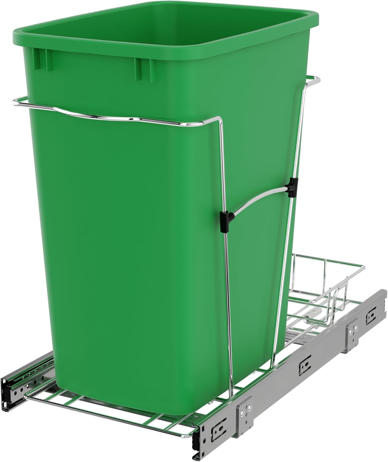 Rev-A-Shelf Pullout Trash Can for Kitchen Cabinets 35 Qt Garbage Waste Recycling Bin w/ Full Extension Slide, Metallic Silver, RV-12KD-17C S