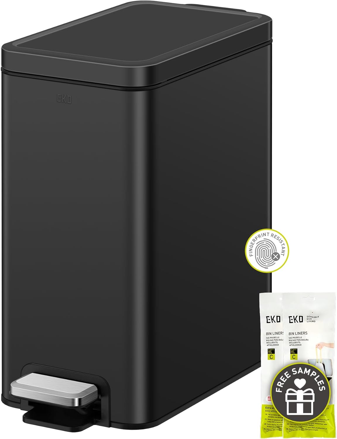 EKO Small Bathroom Trash Can with Lid Soft Close, Step Pedal, 10 Liter / 2.6 Gallon Stainless Steel Garbage Can with Removable Inner Bucket, Anti-Fingerprint Finish (Silver)