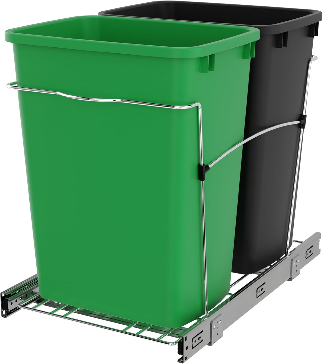 Rev-A-Shelf Double Pullout Trash Can for Kitchen Cabinets 35 Qt Garbage Recycling Bin on Full Extension Slides, Black, RV-18KD-18C S