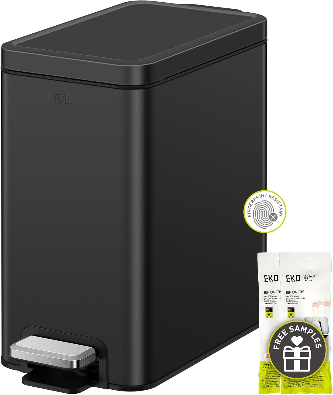 EKO Small Bathroom Trash Can with Lid Soft Close, Step Pedal, 10 Liter / 2.6 Gallon Stainless Steel Garbage Can with Removable Inner Bucket, Anti-Fingerprint Finish (Silver)