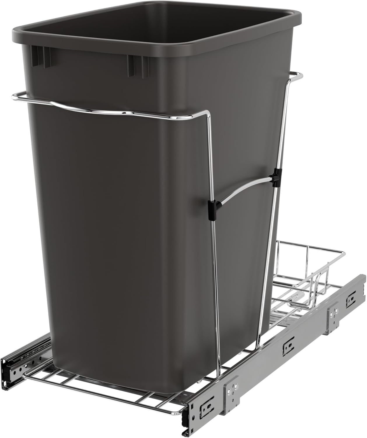 Rev-A-Shelf Pullout Trash Can for Kitchen Cabinets 35 Qt Garbage Waste Recycling Bin w/ Full Extension Slide, Metallic Silver, RV-12KD-17C S