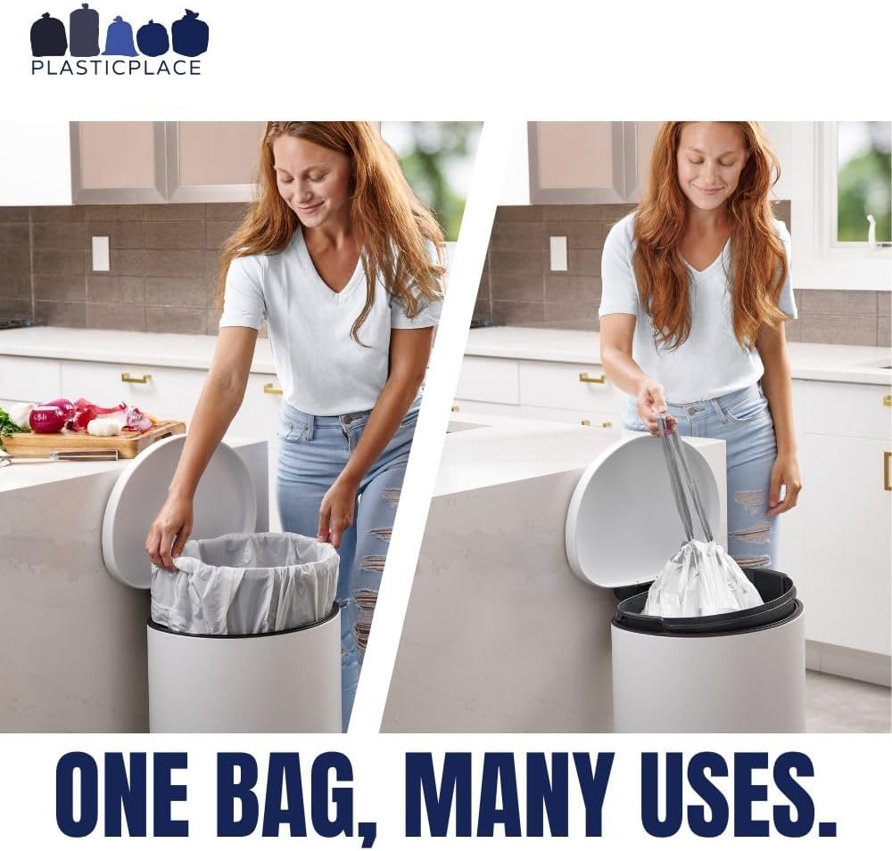 Plasticplace Custom Fit Trash Bags Compatible with Simplehuman Code J - 10-10.5 Gallon Drawstring Garbage Bags, Tear-Resistant, 200 Count White Trash Can Liners for Kitchens, Bathrooms & Offices