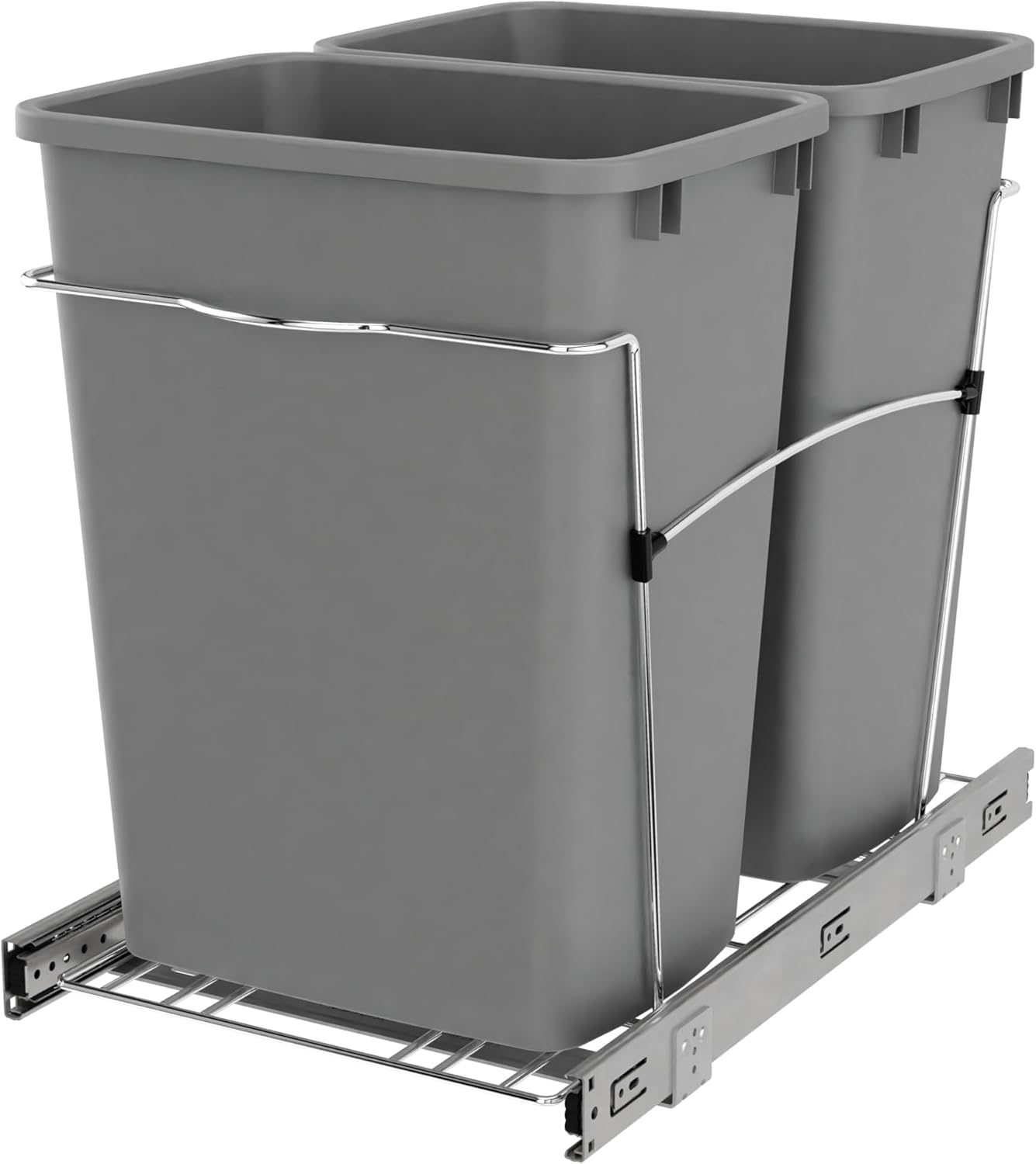 Rev-A-Shelf Double Pullout Trash Can for Kitchen Cabinets 35 Qt Garbage Recycling Bin on Full Extension Slides, Black, RV-18KD-18C S