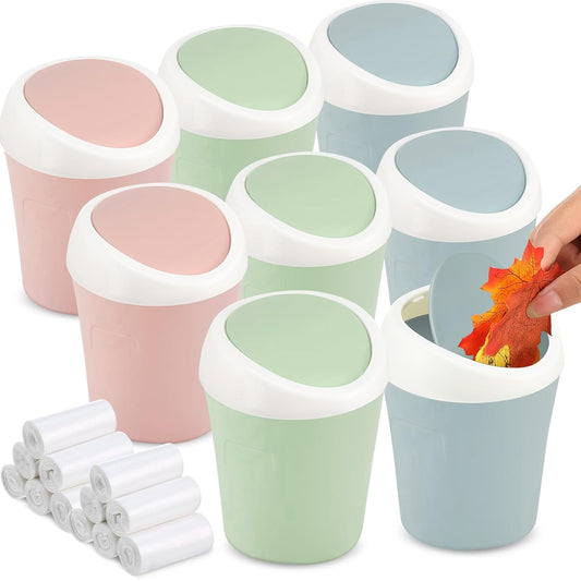 Zhehao 8 Pcs Plastic Mini Wastebasket Trash Can with Swing Lid 360 Trash Bags Desktop Small Garbage Bin Countertop Vanity Tabletop Waste Paper Basket for Home Office (Blue,Green,Pink)
