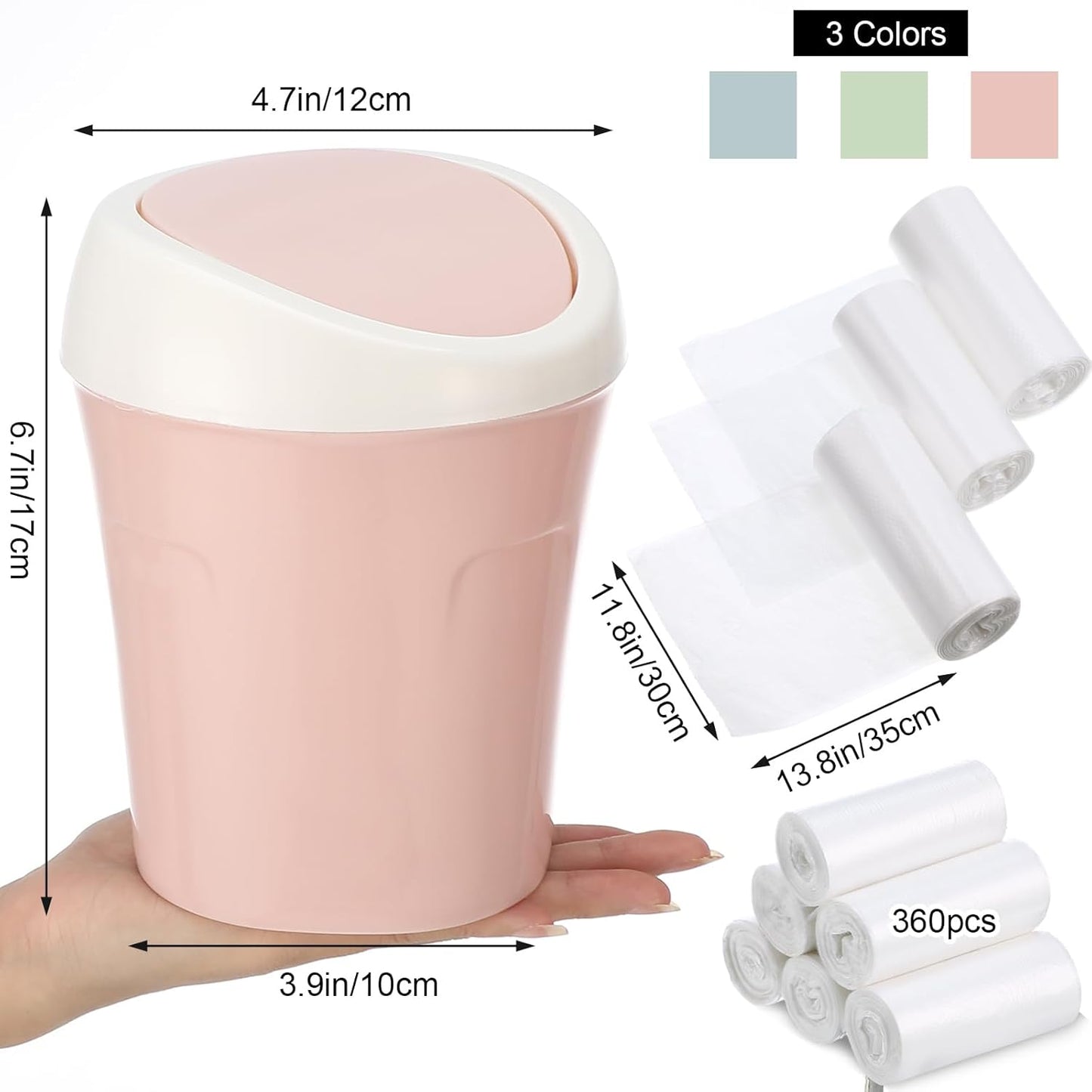 Zhehao 8 Pcs Plastic Mini Wastebasket Trash Can with Swing Lid 360 Trash Bags Desktop Small Garbage Bin Countertop Vanity Tabletop Waste Paper Basket for Home Office (Blue,Green,Pink)