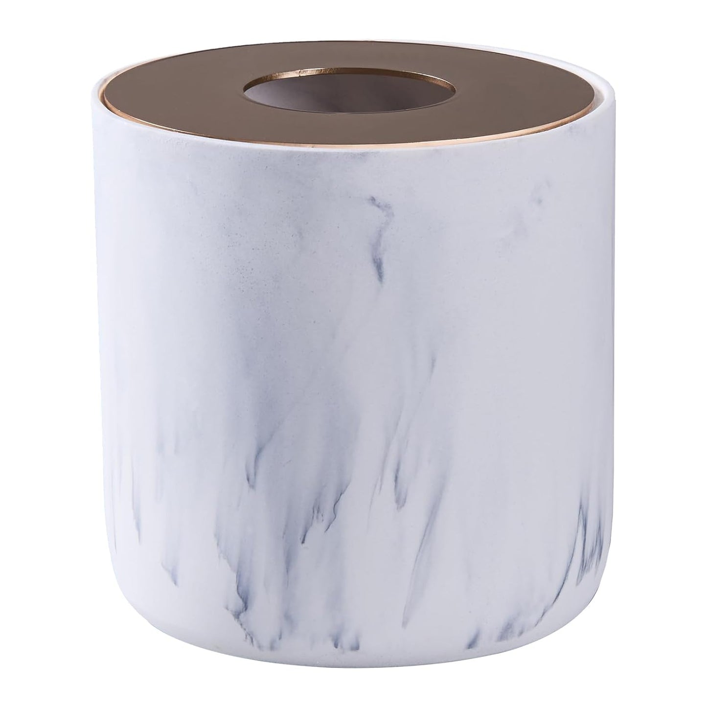 Natural Travertine Textures Mini Trash Can with Rose Gold Stainless Steel Lid, Mini Countertop Trash Can for Bathroom Kitchen, Desk or Table top Mini Garbage Can, Resin Tiny Waste Basket for Vanity