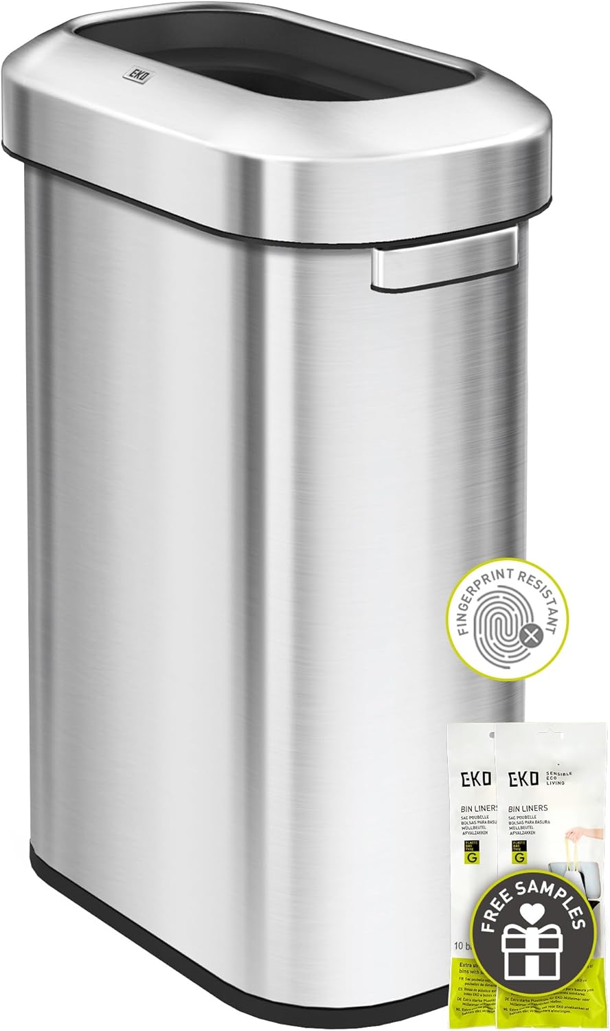 EKO Eternal 56L/15 Gallon Large Capacity Tall Commercial Trash Can, Round Open Top Waste Bin for Indoor and Outdoor, Black Steel Heavy-Duty, Durable Metal Garbage Bin for Home, Office, Restaurant