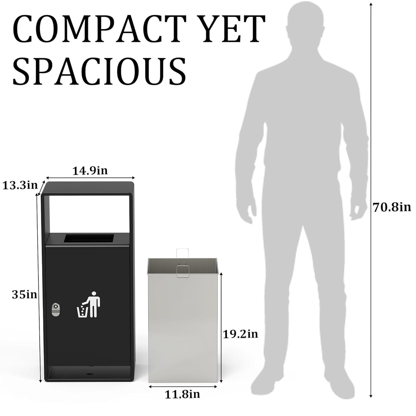 Outdoor Trash Can, 11-Gal Lockable Commercial Metal Waste Bin w/Tri-Key, Powder-Coated Steel & Removable Stainless Liner,Four-Side Openings—for Hotel Entrances,Parks,Malls (Black-Outdoor)