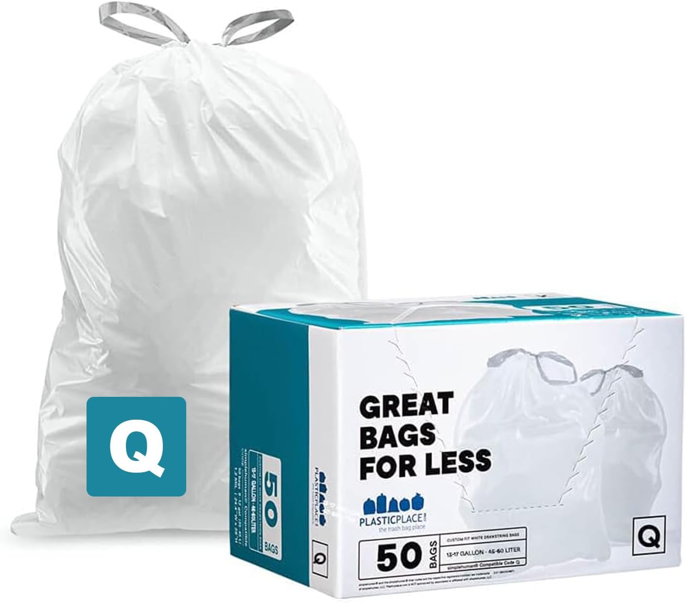 Plasticplace Custom Fit Trash Bags Compatible with simplehuman Code Q (200 Count) Drawstring Garbage Bags 13-17 Gallon White, Tear-Resistant Tall Kitchen Trash Bags for Garbage Cans Recycling 1.2 Mil