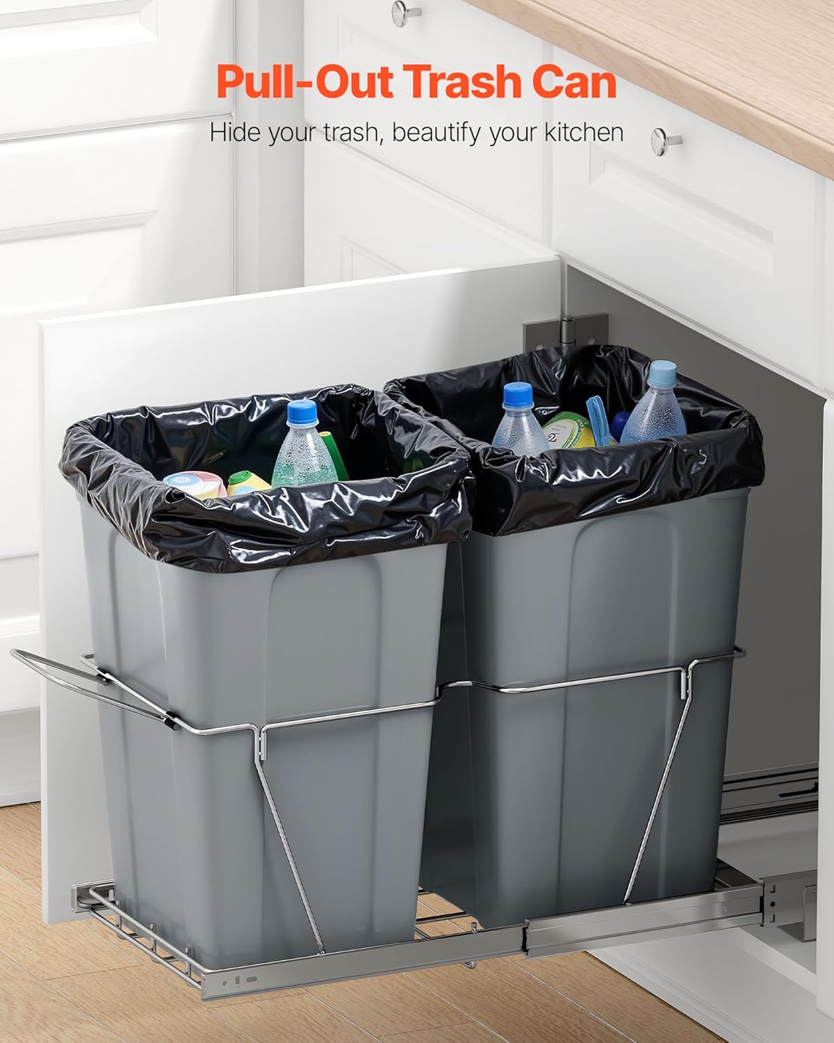 VEVOR Pullout Trash Can for Kitchen Cabinets, 27QTx2 Double Under Sink Garbage Waste Recycling Bin, Under Mount Waste Container, with Heavy Duty Metal Full Extension Sliding System and Handle Grey