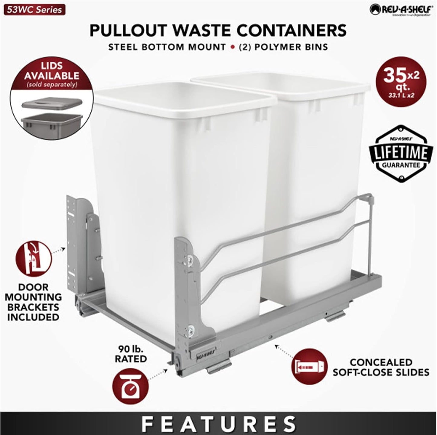 Rev-A-Shelf Double Trash Can Under Kitchen Cabinets Pullout, 35 Quart 8.75 Gallon with Soft-Close Slides, White, 53WC-1835SCDM-211