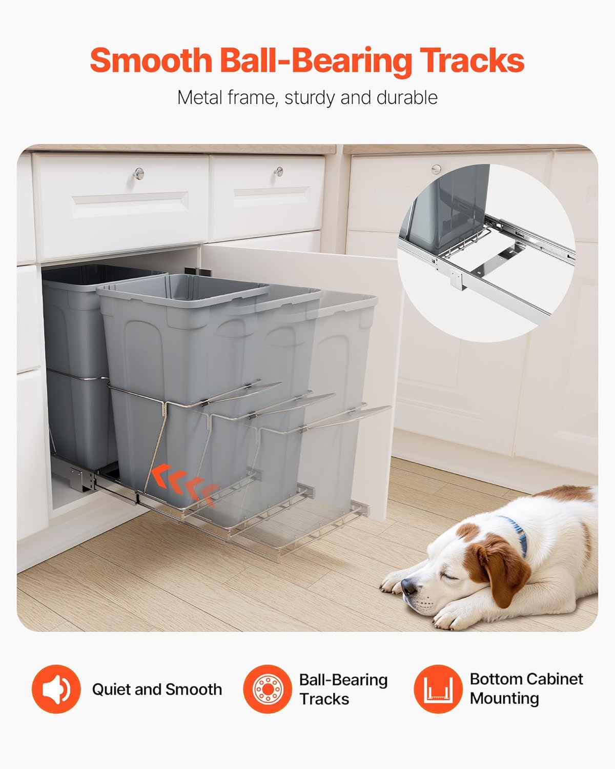 VEVOR Pullout Trash Can for Kitchen Cabinets, 27QTx2 Double Under Sink Garbage Waste Recycling Bin, Under Mount Waste Container, with Heavy Duty Metal Full Extension Sliding System and Handle Grey