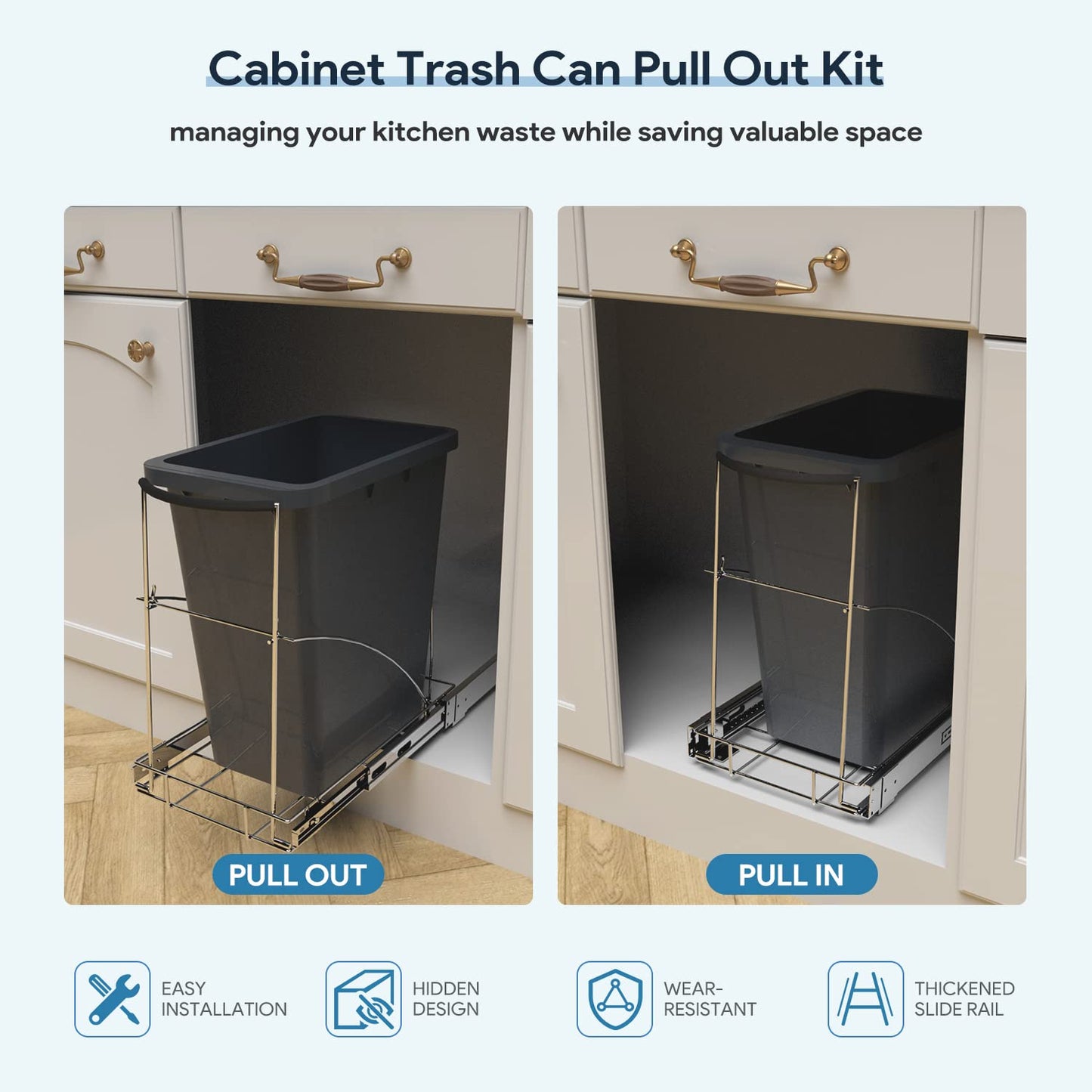 Tanamu Pull Out Trash Can Under Cabinet,Under Sink Slide Out Garbage for Kitchen,Requires 13" W X 18" D Minimum Cabinets,Chrome Adjustable for 7-10 Gallon Trash Can
