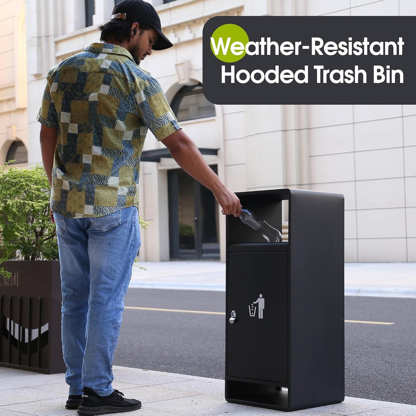 Outdoor Trash Can, 11-Gal Lockable Commercial Metal Waste Bin w/Tri-Key, Powder-Coated Steel & Removable Stainless Liner,Four-Side Openings—for Hotel Entrances,Parks,Malls (Black-Outdoor)