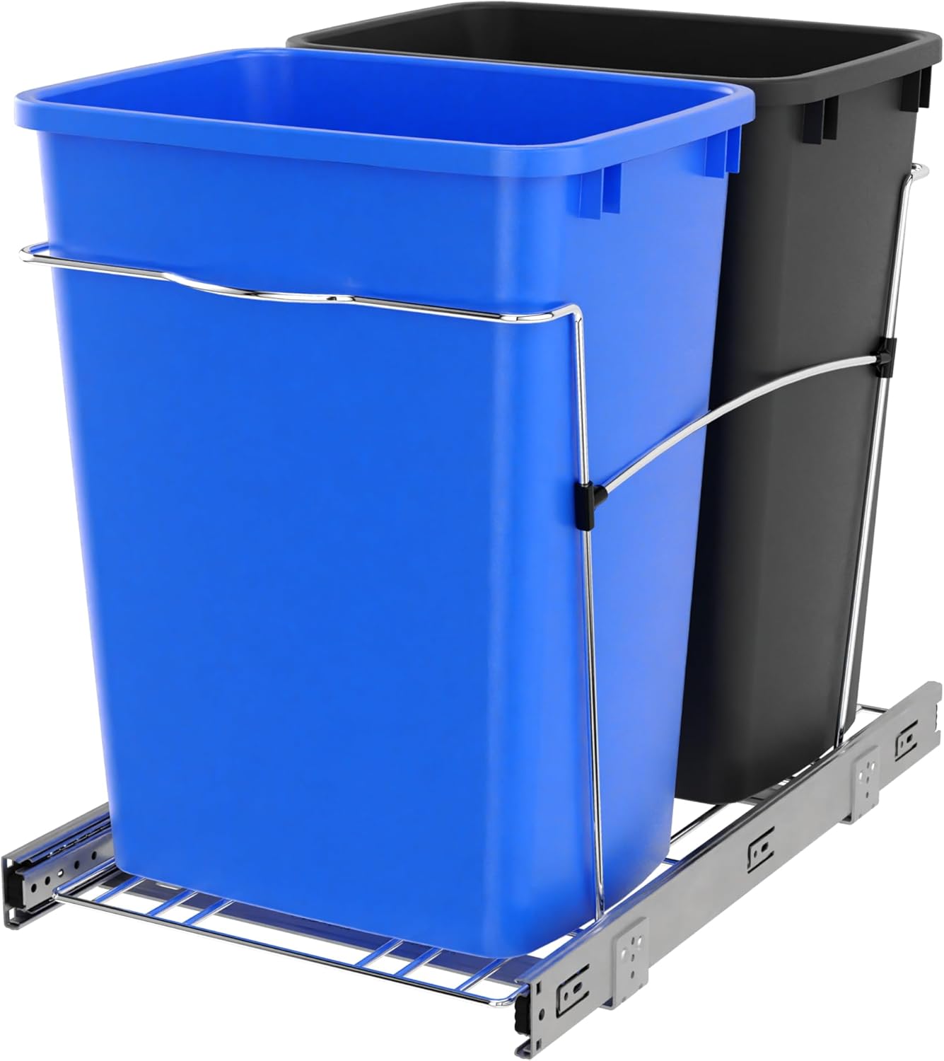 Rev-A-Shelf Double Pullout Trash Can for Kitchen Cabinets 35 Qt Garbage Recycling Bin on Full Extension Slides, Black, RV-18KD-18C S