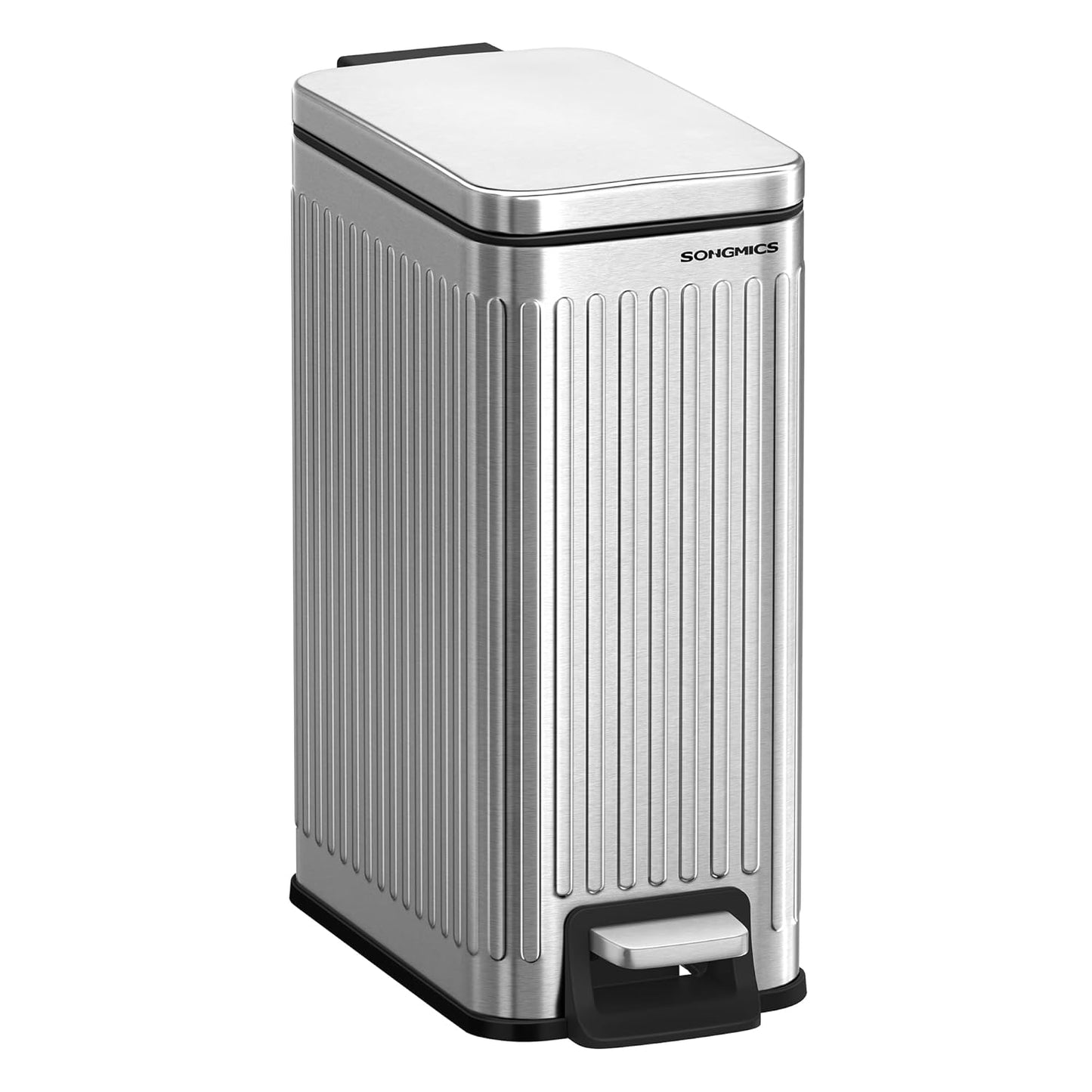 SONGMICS Bathroom Trash Can, 2.6-Gallon (10 L) Trash Bin with Lid, Slim for Small Spaces, Stainless Steel Garbage Can, Soft Close, White ULTB562W01