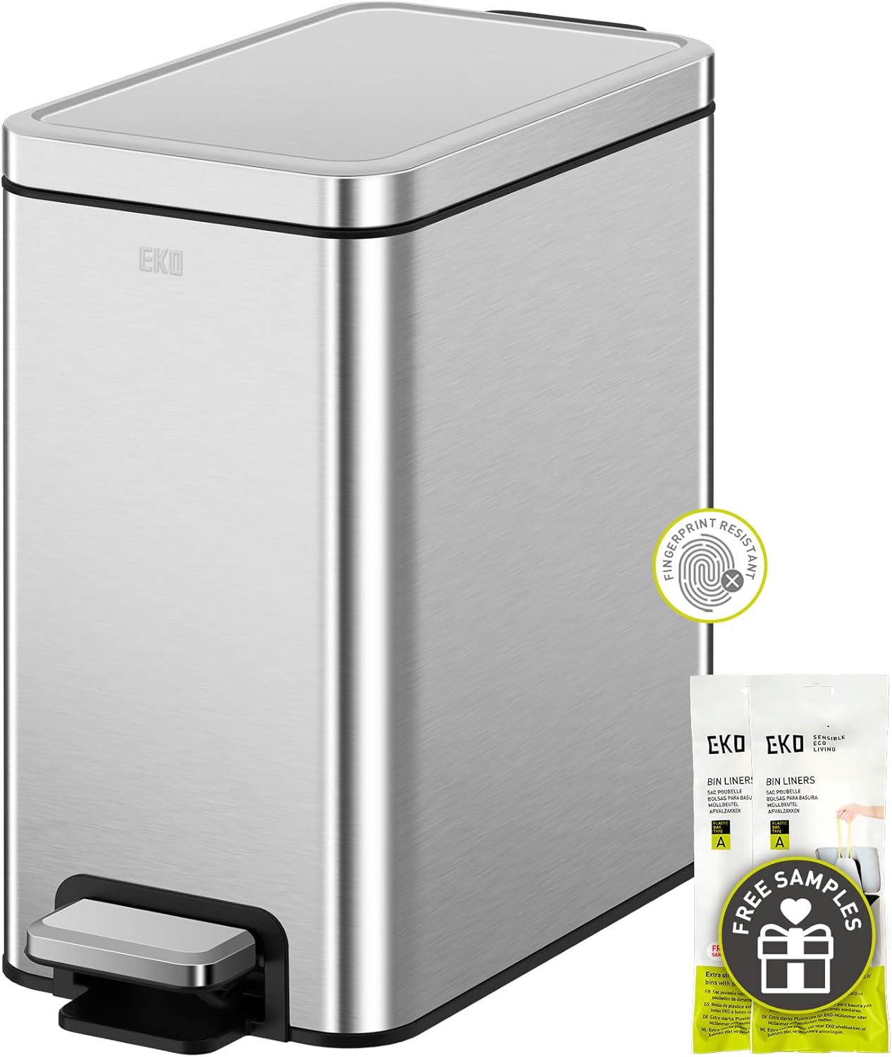 EKO Small Bathroom Trash Can with Lid Soft Close, Step Pedal, 10 Liter / 2.6 Gallon Stainless Steel Garbage Can with Removable Inner Bucket, Anti-Fingerprint Finish (Silver)