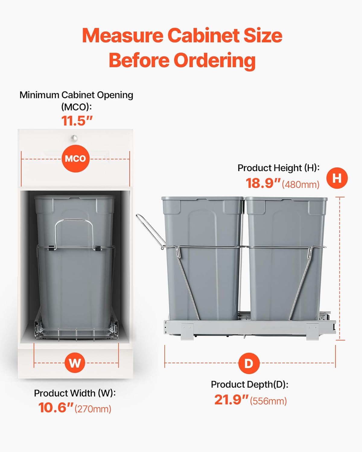 VEVOR Pullout Trash Can for Kitchen Cabinets, 27QTx2 Double Under Sink Garbage Waste Recycling Bin, Under Mount Waste Container, with Heavy Duty Metal Full Extension Sliding System and Handle Grey