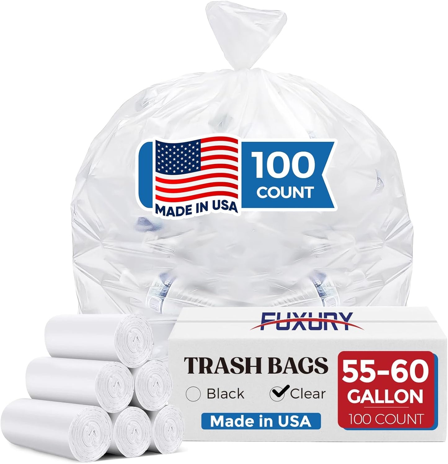 Fuxury 55-60 Gallon Heavy Duty Trash Bags, 100 Count Black Garbage Bags, 23 Mic Thick, 38x58 in, Star-Seal Bottom, Plastic Bags Ideal for Home, Yard & Commercial Use, Made in USA