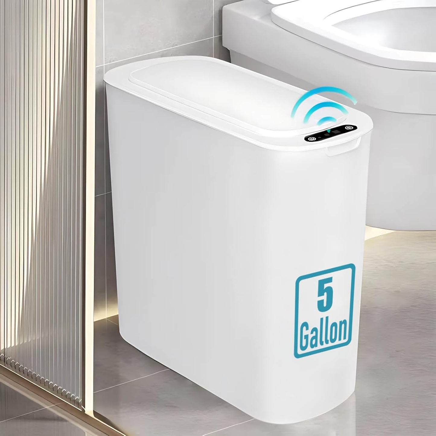 5 Gallon Motion Senor Bathroom Trash Can with Lid, Automatic Garbage Can Touchless, Smart Plastic Waste Basket for Narrow Spaces, Bathroom, Office, Bedroom, Living Room (Black)