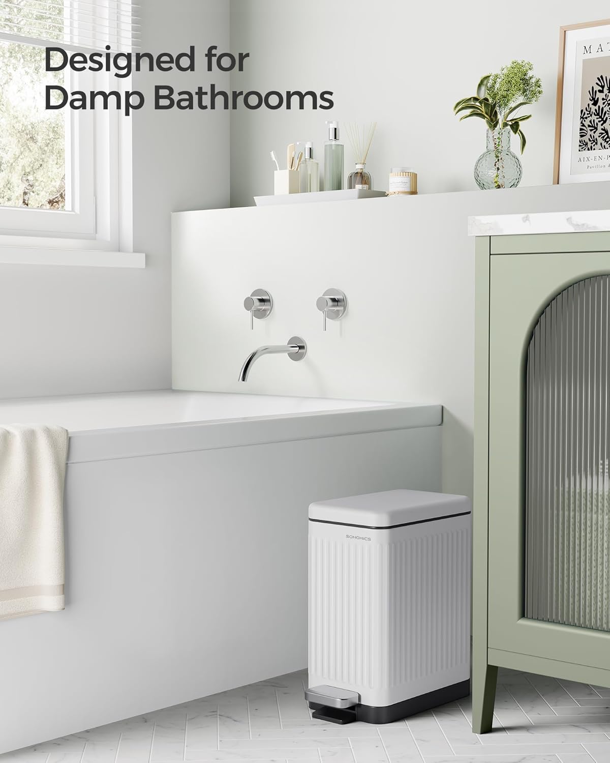 SONGMICS Bathroom Trash Can, 2.6-Gallon (10 L) Trash Bin with Lid, Slim for Small Spaces, Stainless Steel Garbage Can, Soft Close, White ULTB562W01