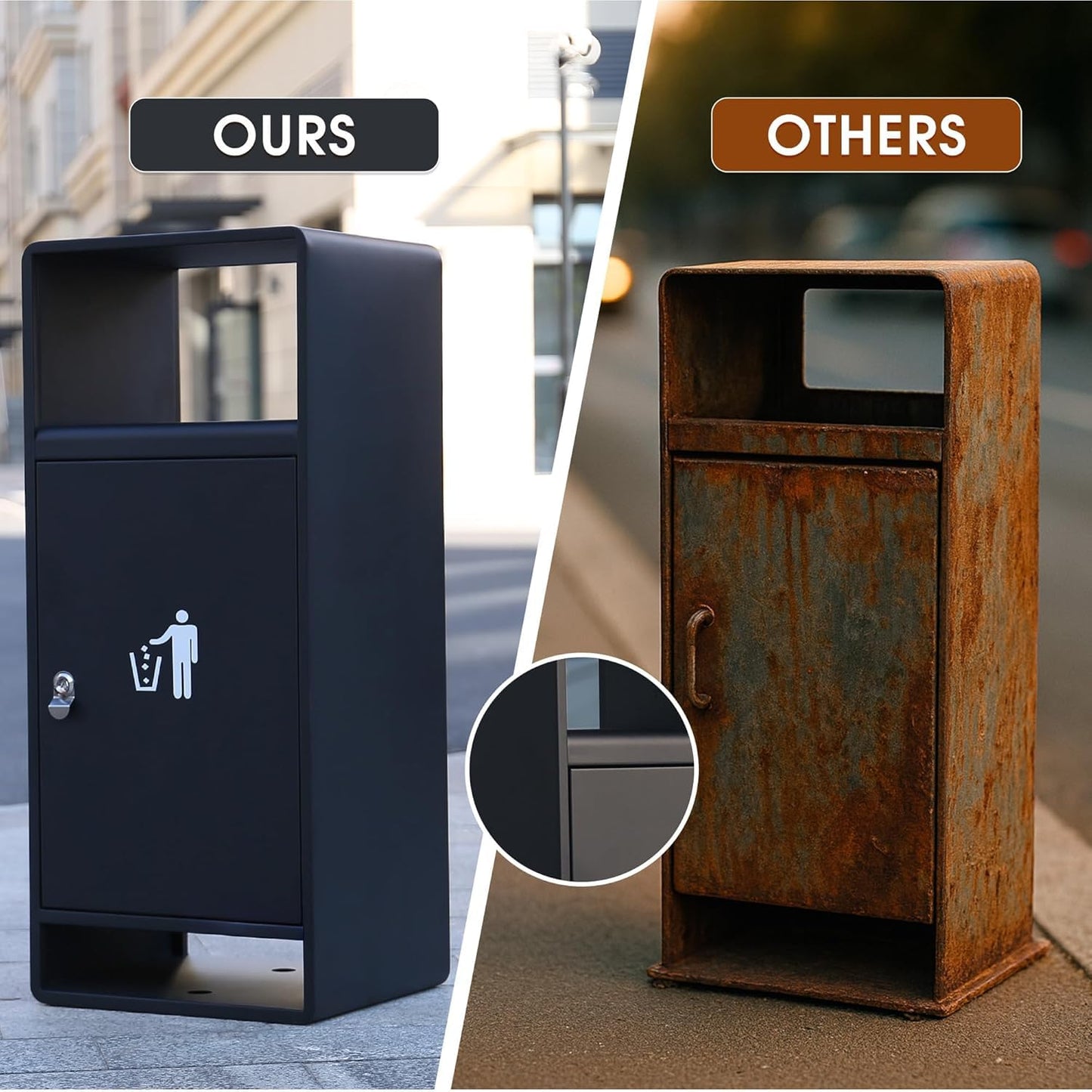 Outdoor Trash Can, 11-Gal Lockable Commercial Metal Waste Bin w/Tri-Key, Powder-Coated Steel & Removable Stainless Liner,Four-Side Openings—for Hotel Entrances,Parks,Malls (Black-Outdoor)