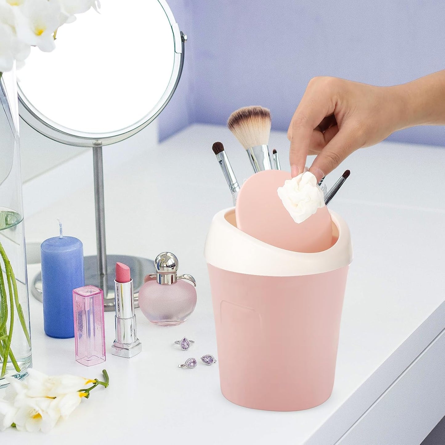 Zhehao 8 Pcs Plastic Mini Wastebasket Trash Can with Swing Lid 360 Trash Bags Desktop Small Garbage Bin Countertop Vanity Tabletop Waste Paper Basket for Home Office (Blue,Green,Pink)