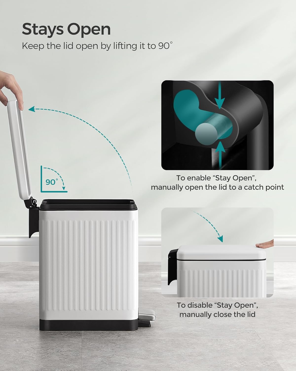 SONGMICS Bathroom Trash Can, 2.6-Gallon (10 L) Trash Bin with Lid, Slim for Small Spaces, Stainless Steel Garbage Can, Soft Close, White ULTB562W01