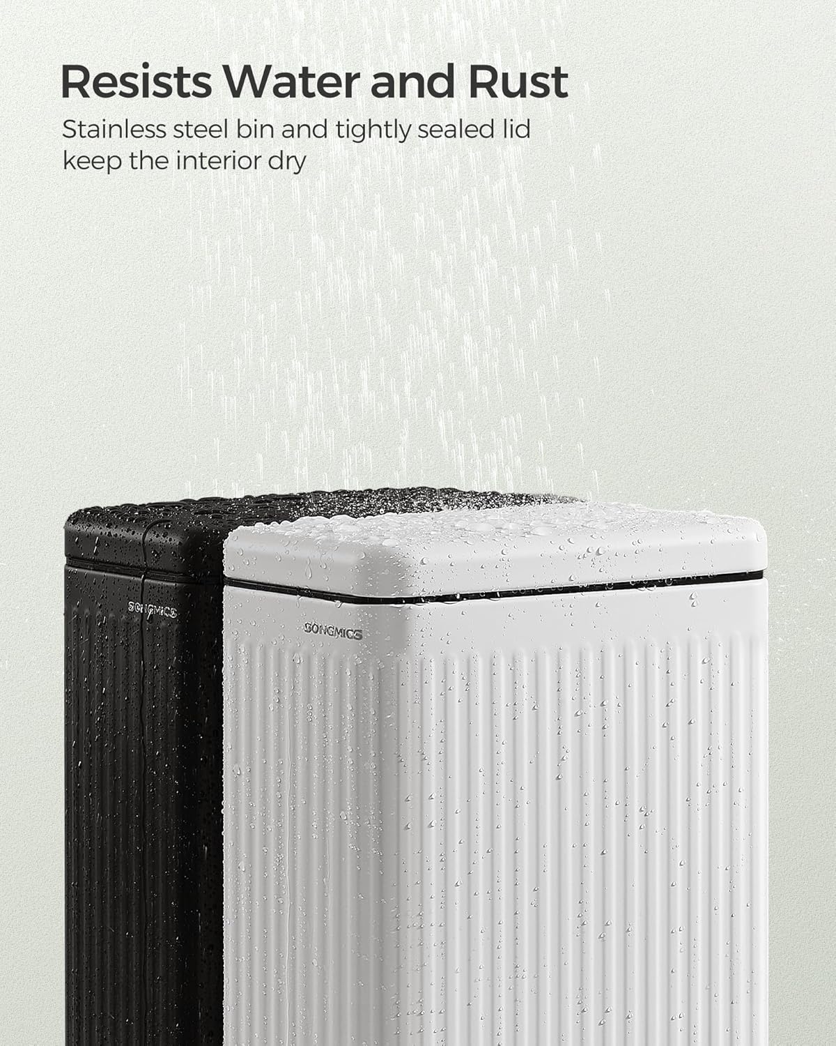 SONGMICS Bathroom Trash Can, 2.6-Gallon (10 L) Trash Bin with Lid, Slim for Small Spaces, Stainless Steel Garbage Can, Soft Close, White ULTB562W01