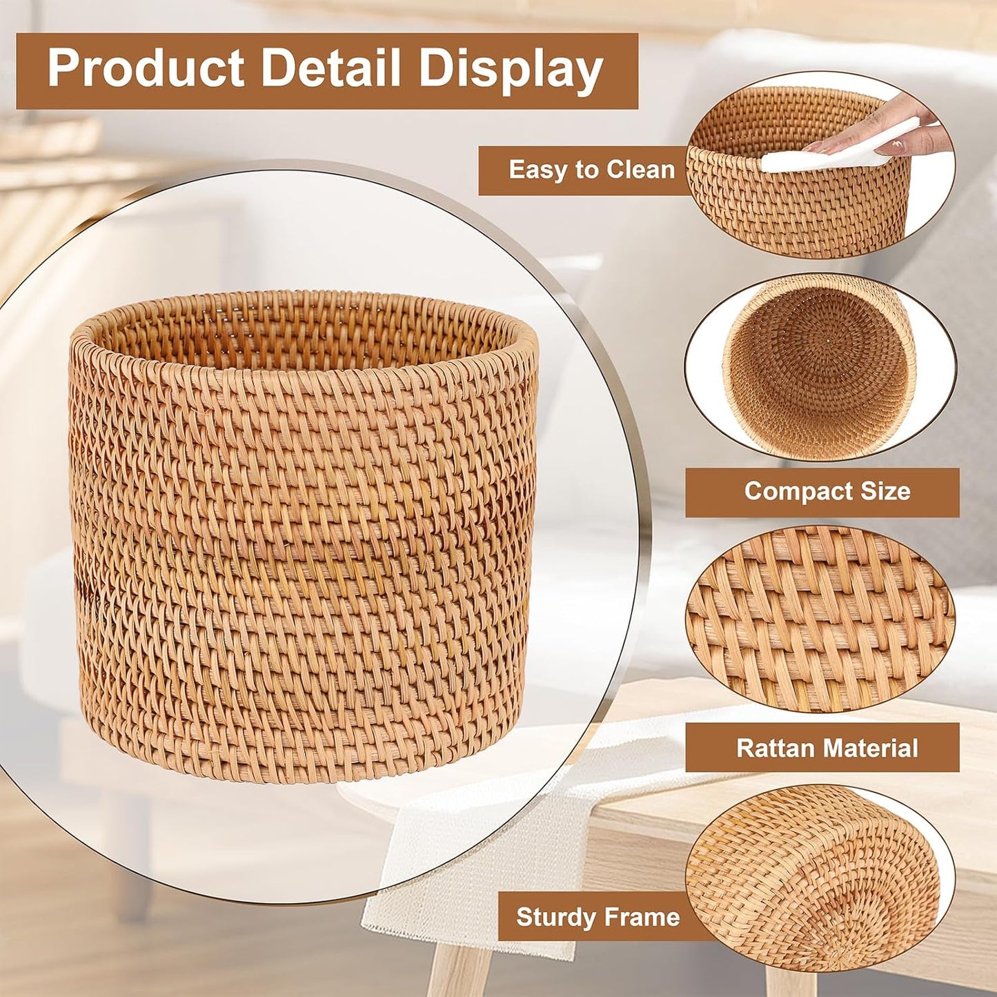 Sumnacon Mini Wicker Trash Can Cute Round Waste Basket for Bedroom Desktop Natural Rattan Trash Can for Bathroom,Office,Kitchen Versatile Woven Trash Cans for Paper Waste,Plant,Flower