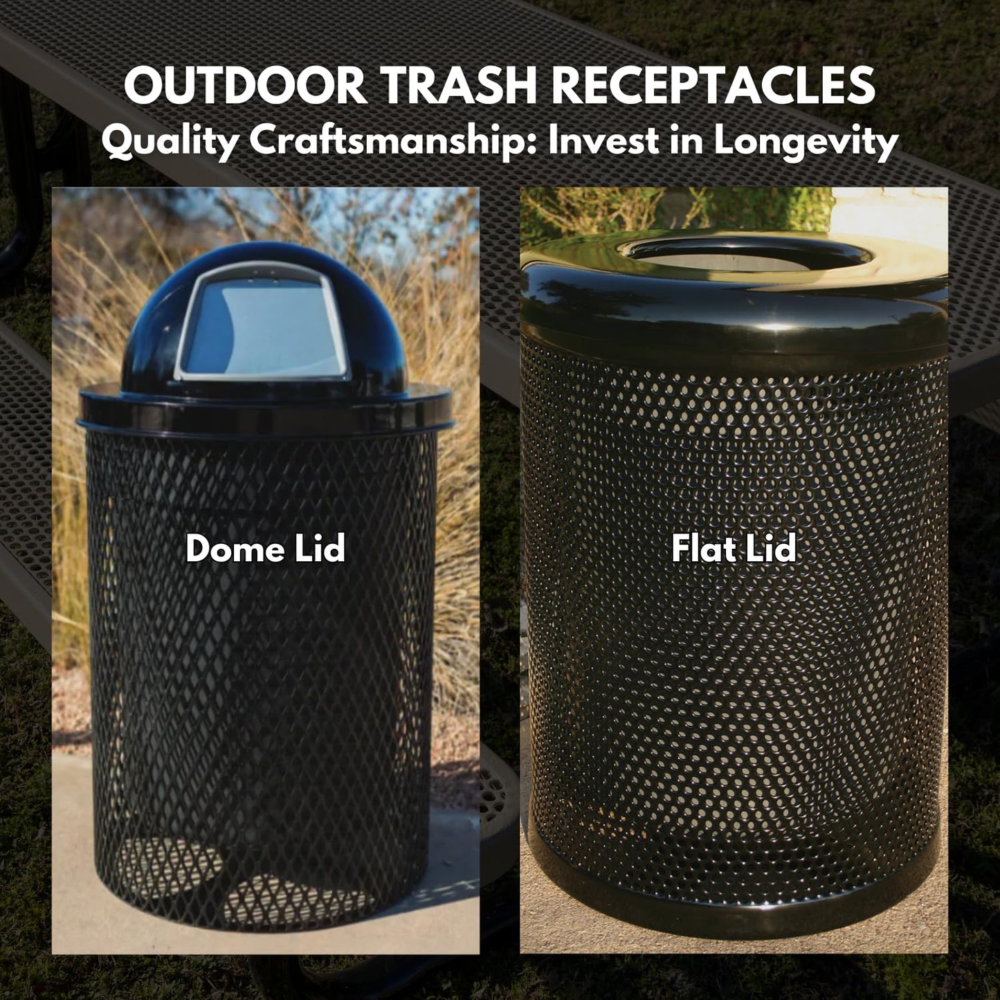 COATEDOUTDOORFURNITURE RFT-GRN Heavy Duty 32 Gallon Round Trash Receptacle, Liner Included, Green with Black Flat Top, Made in America