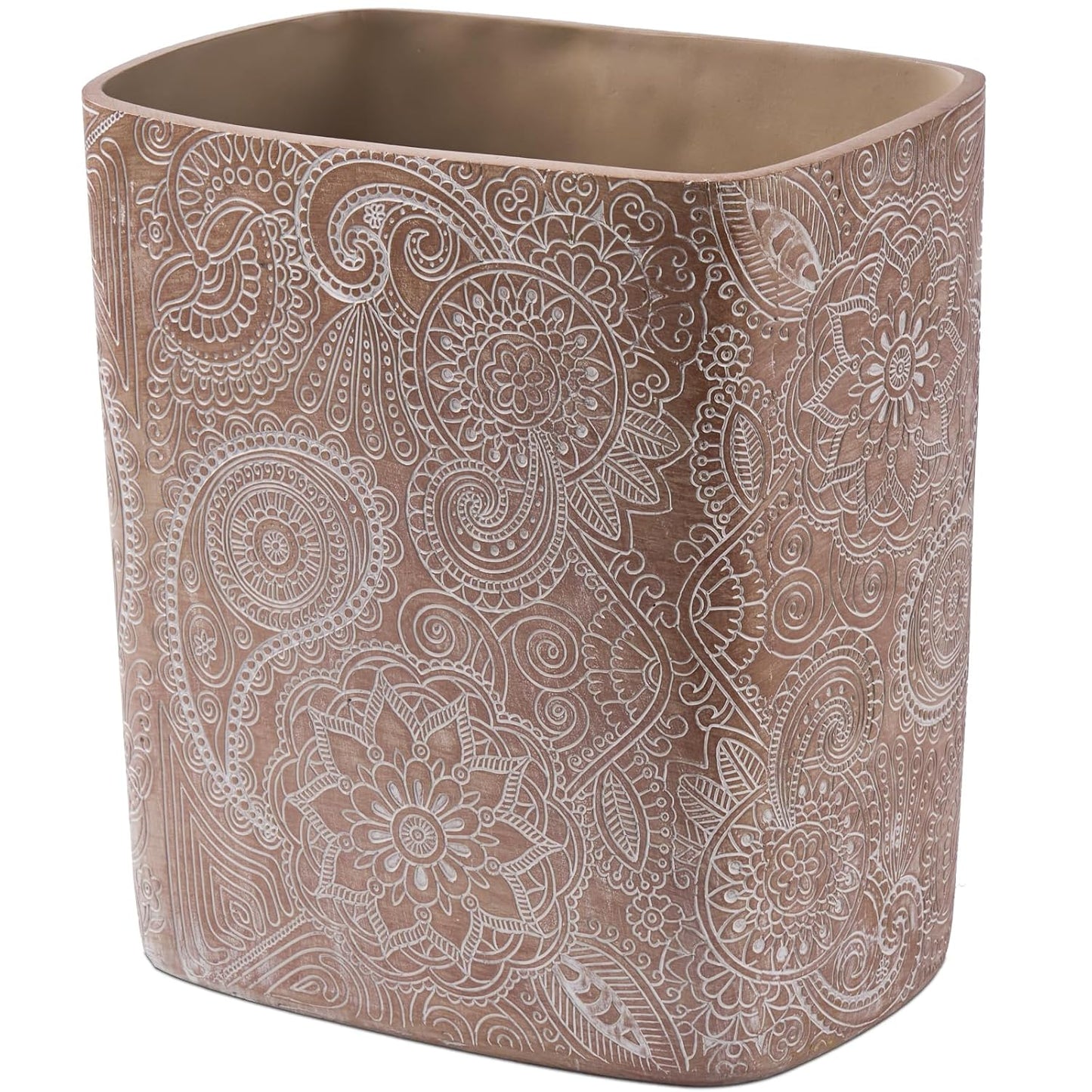 Natural Travertine Textures Mini Trash Can with Rose Gold Stainless Steel Lid, Mini Countertop Trash Can for Bathroom Kitchen, Desk or Table top Mini Garbage Can, Resin Tiny Waste Basket for Vanity